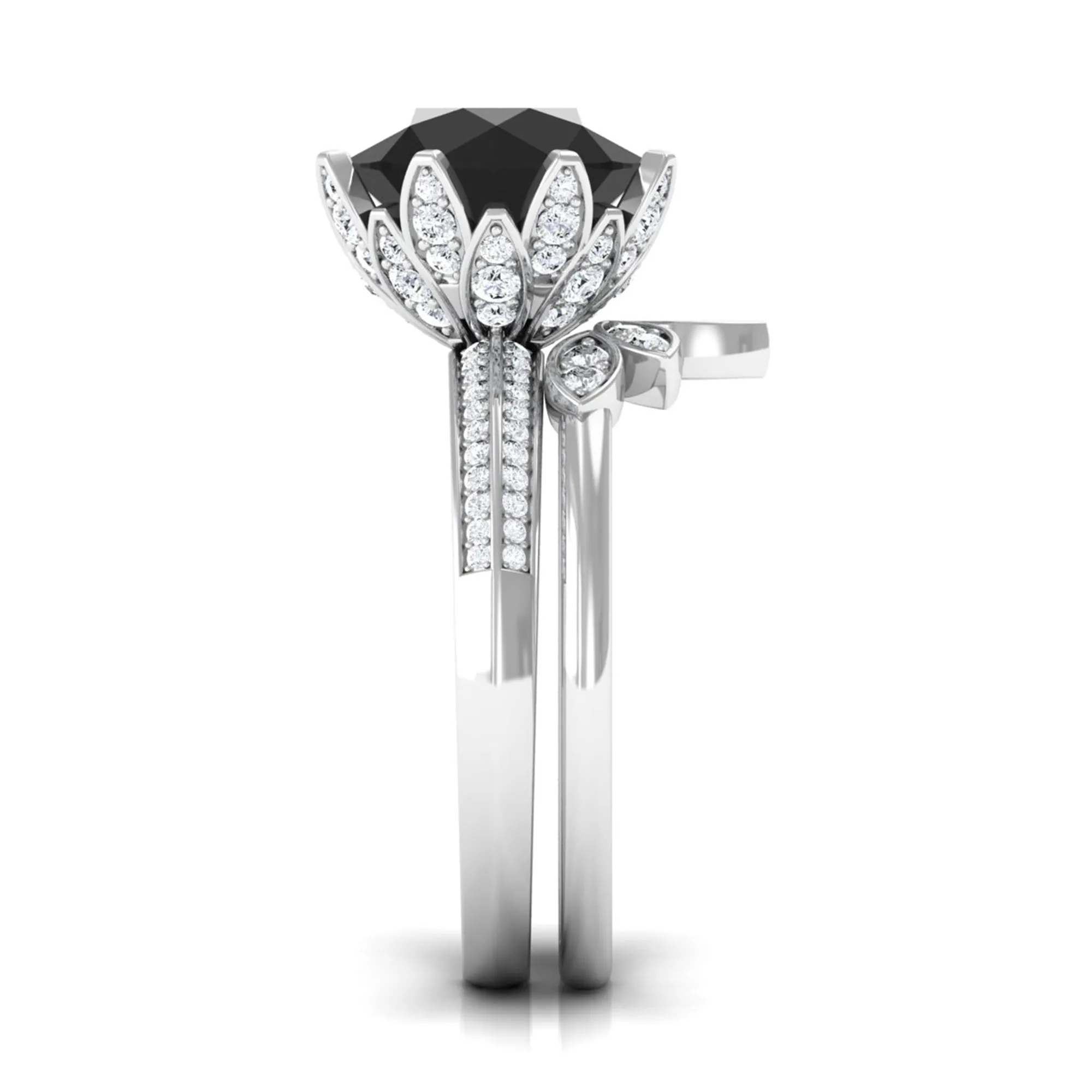 Lab Grown Black Diamond Flower Wedding Ring Set with Moissanite