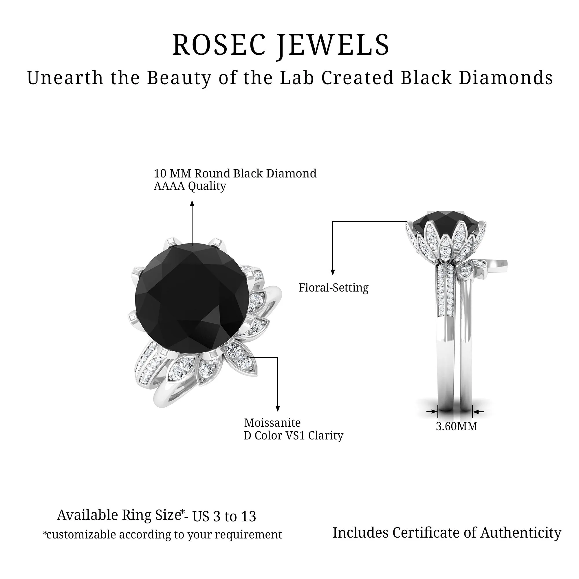 Lab Grown Black Diamond Flower Wedding Ring Set with Moissanite