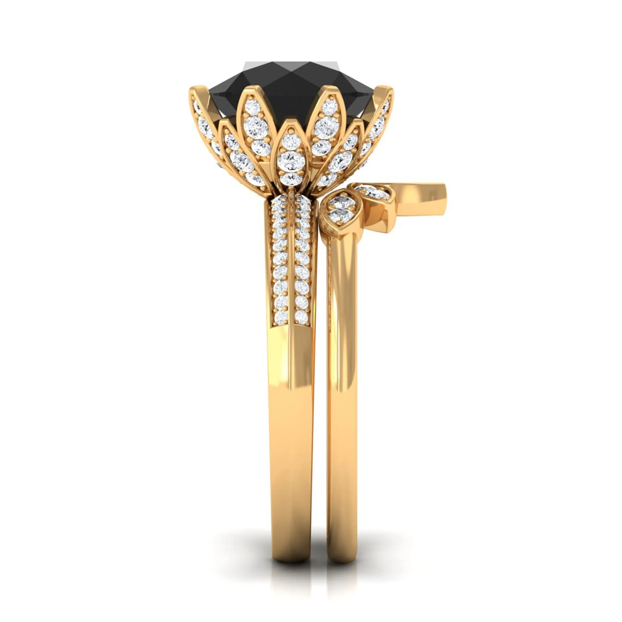 Lab Grown Black Diamond Flower Wedding Ring Set with Moissanite