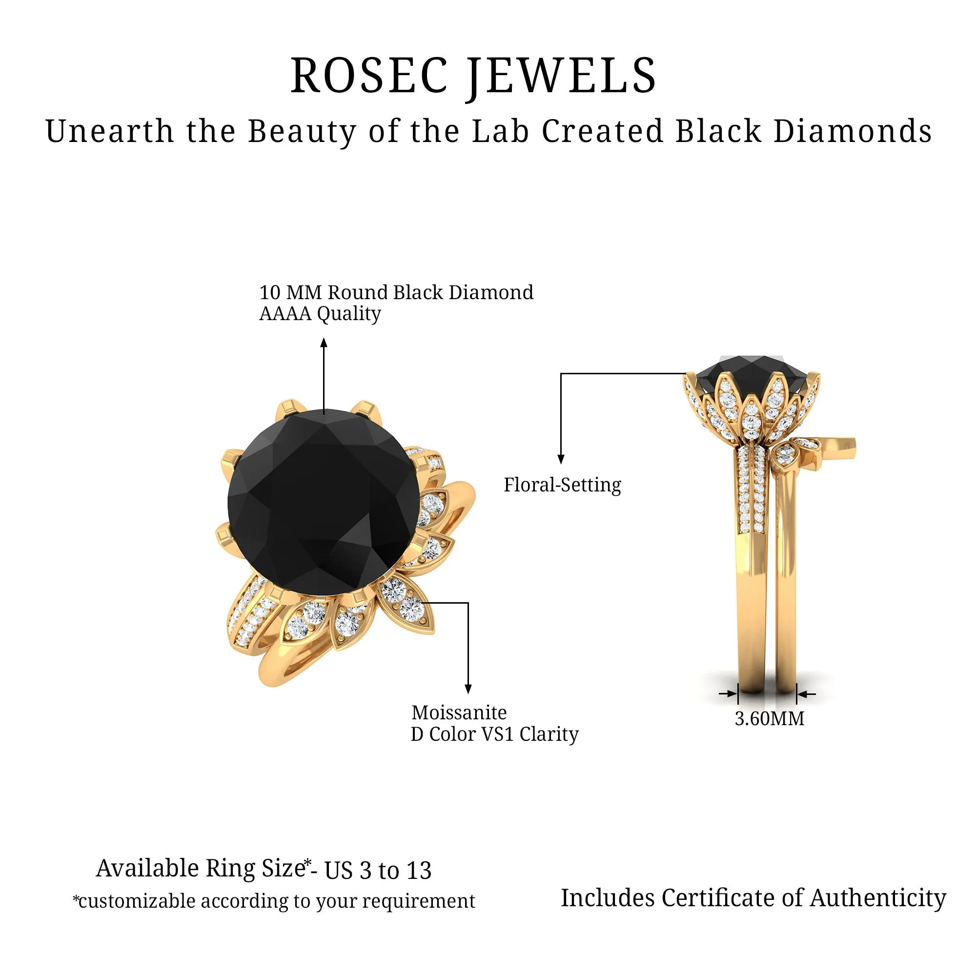 Lab Grown Black Diamond Flower Wedding Ring Set with Moissanite