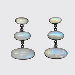 Large Triple Oval Cabochon Rainbow Moonstone Earrings