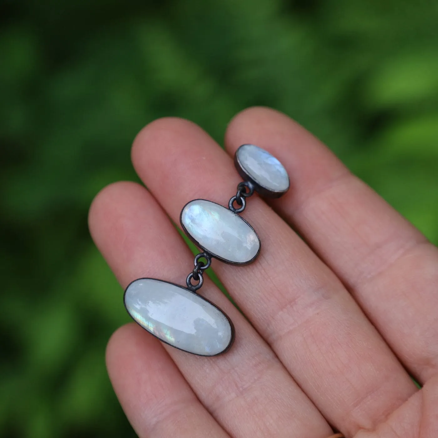 Large Triple Oval Cabochon Rainbow Moonstone Earrings