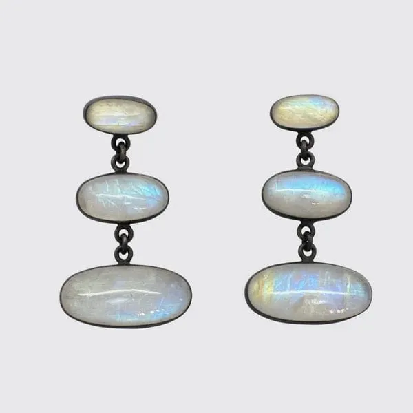 Large Triple Oval Cabochon Rainbow Moonstone Earrings