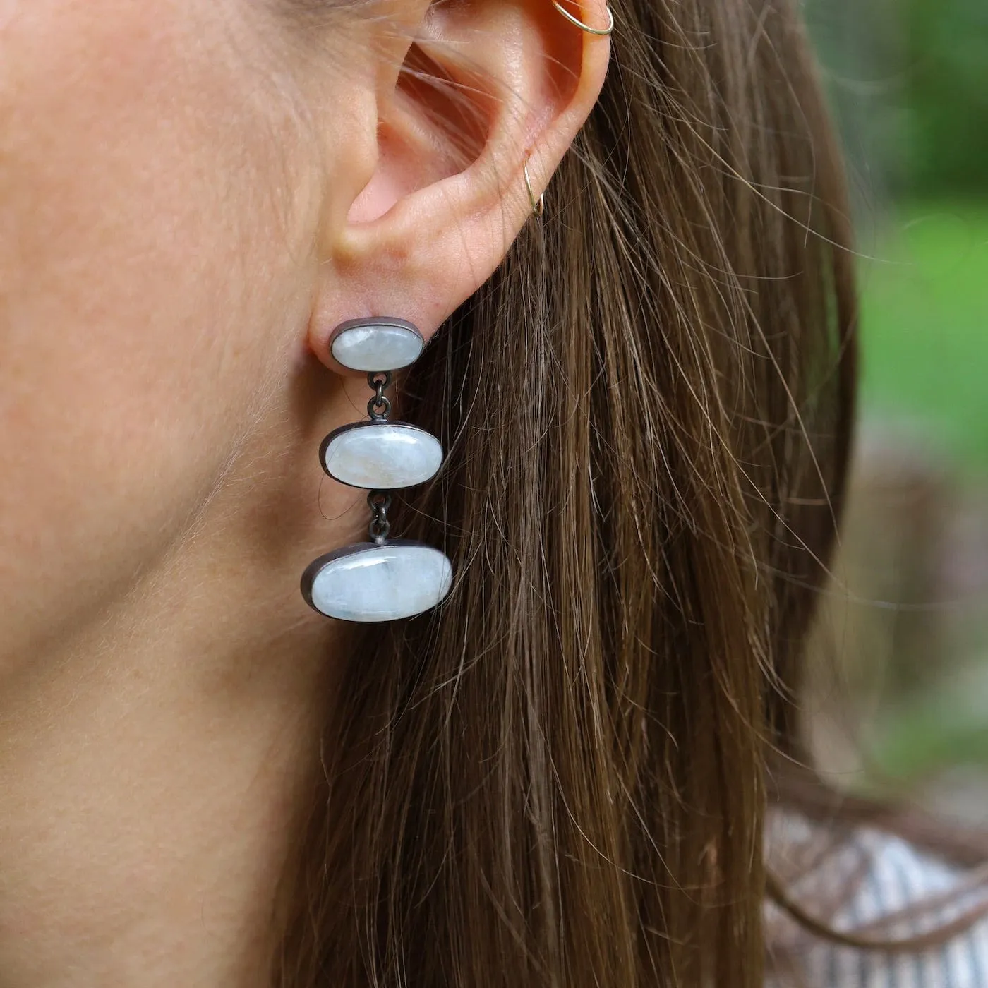 Large Triple Oval Cabochon Rainbow Moonstone Earrings