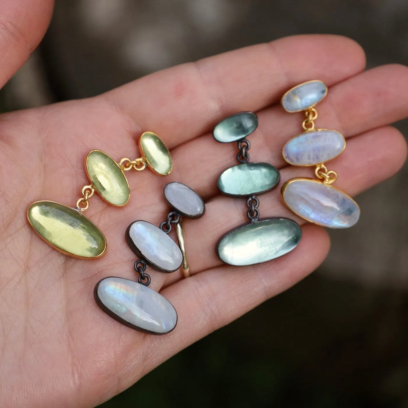 Large Triple Oval Cabochon Rainbow Moonstone Earrings