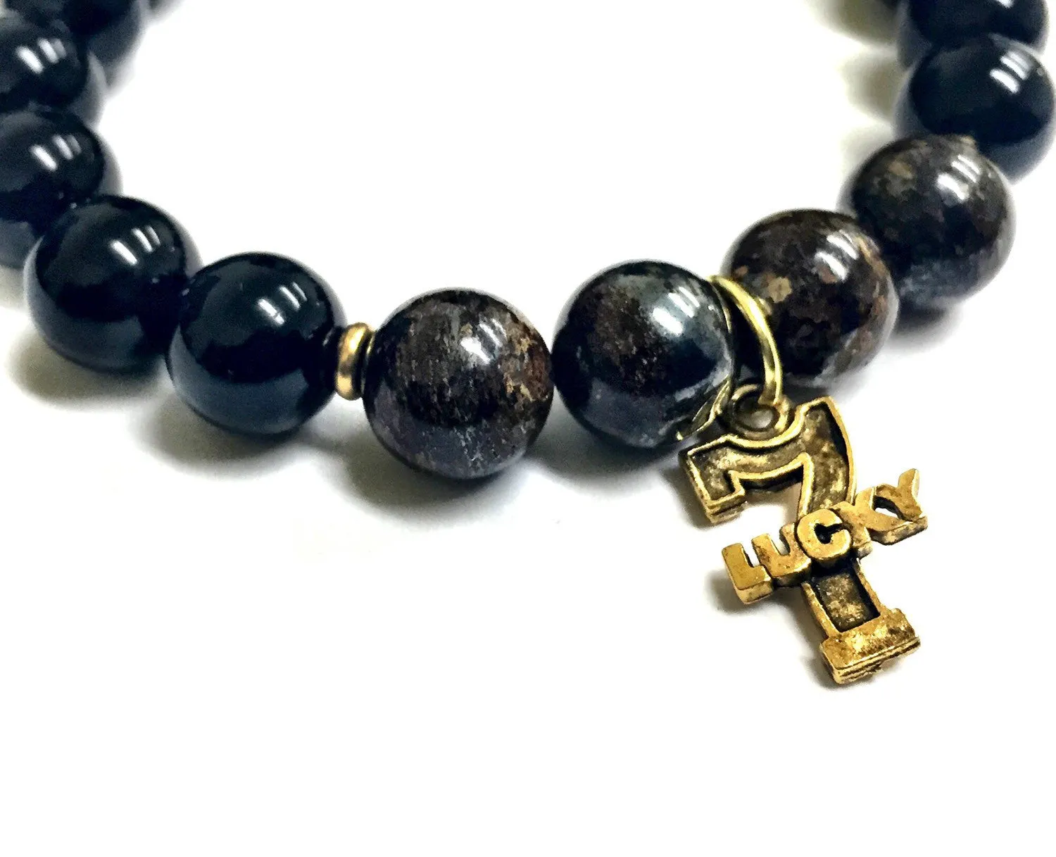 Lucky 7 10mm Onyx Bronzite Beaded Bracelet