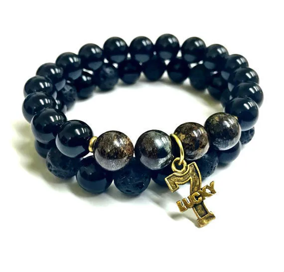 Lucky 7 10mm Onyx Bronzite Beaded Bracelet