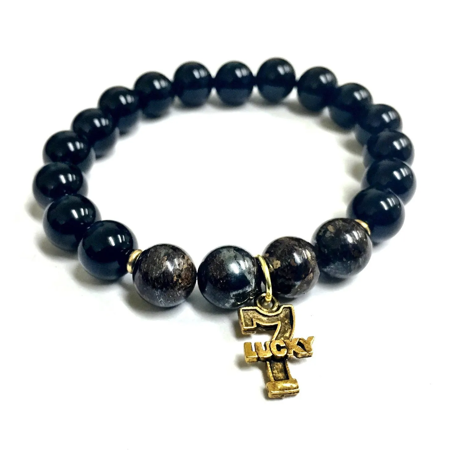 Lucky 7 10mm Onyx Bronzite Beaded Bracelet
