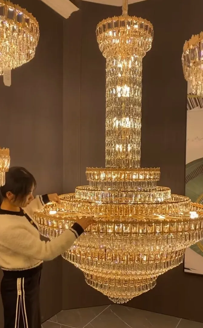 Luxury Multi-tiered Conical Funnel Crystal Chandelier for High Ceiling Living Room/Foyer/Lobby