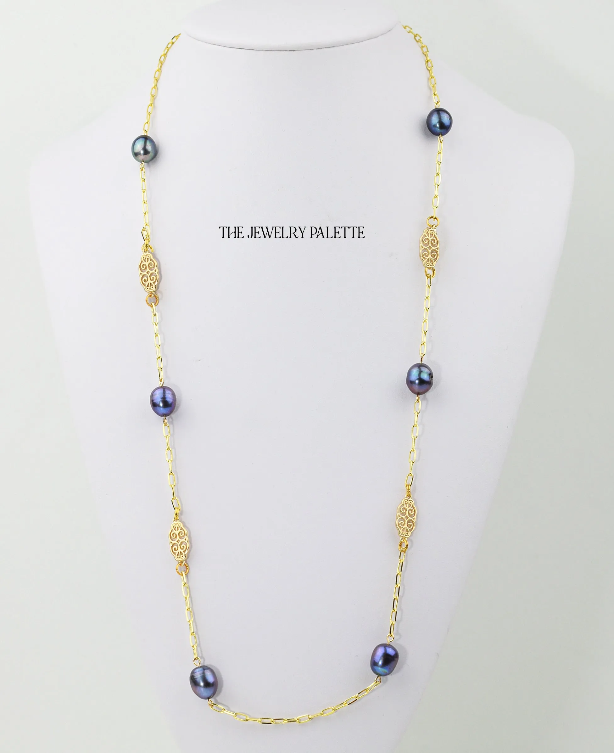 Madison gold filigree and grey pearl chain necklace