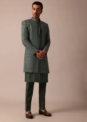 Majestic Green Silk Sherwani Set Majestic Green Silk Sherwani Set