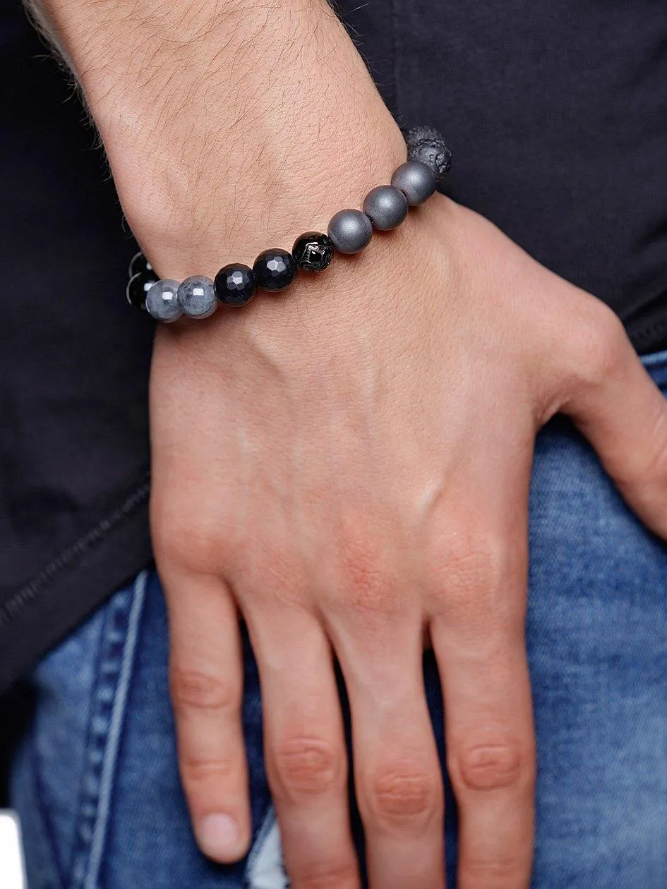 Men's Beaded Bracelet with Black Agate, Matte Onyx and Lava Stone