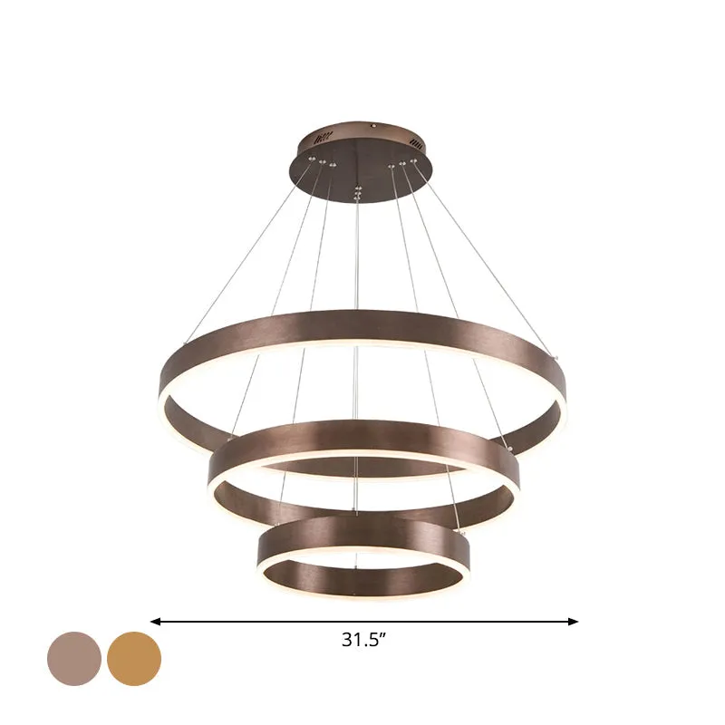 Minimalist Metal LED Chandelier | Circular Living Room Pendant Light | 3 Heads | Coffee/Gold
