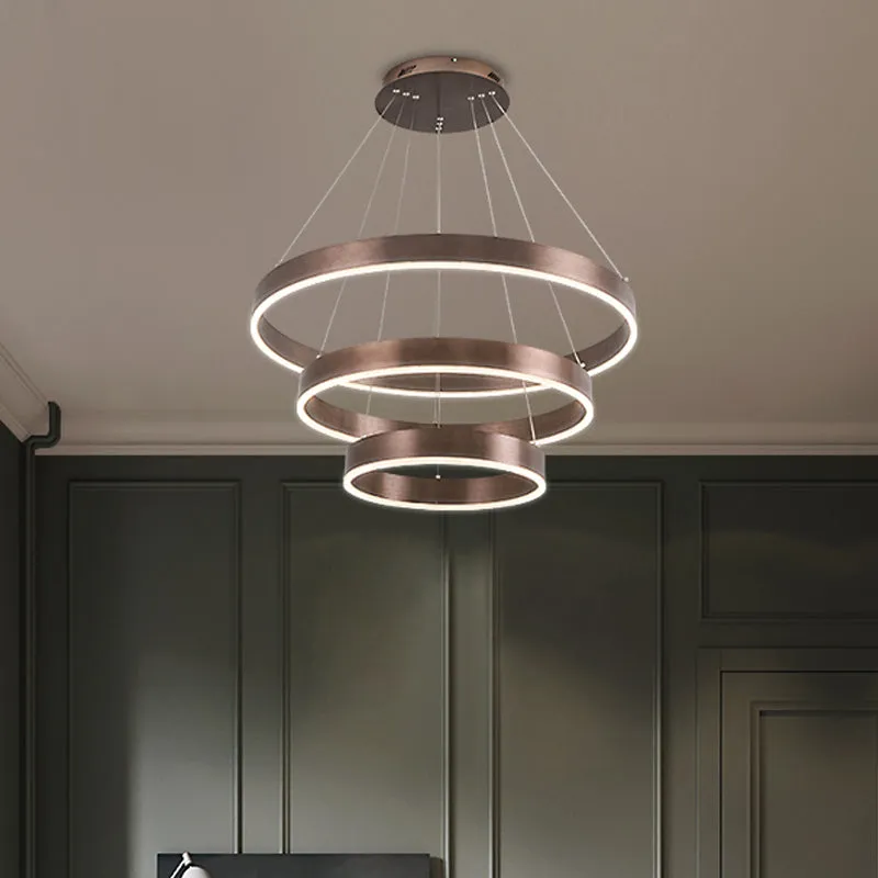 Minimalist Metal LED Chandelier | Circular Living Room Pendant Light | 3 Heads | Coffee/Gold