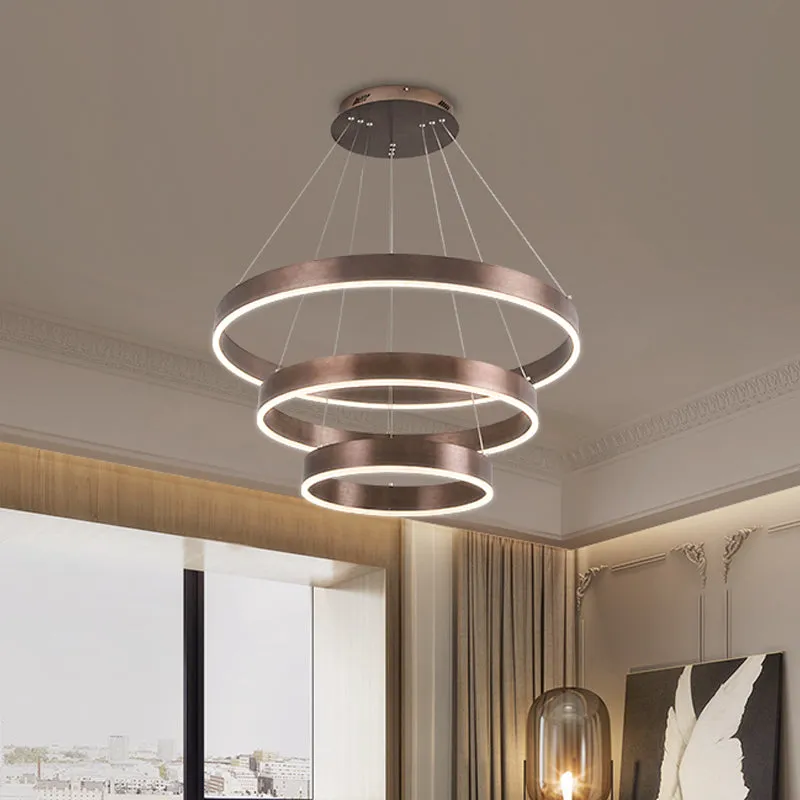 Minimalist Metal LED Chandelier | Circular Living Room Pendant Light | 3 Heads | Coffee/Gold