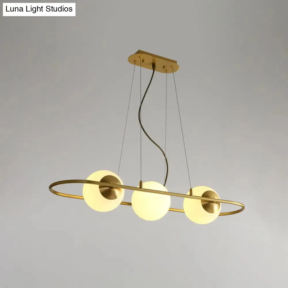 Modern Frosted Glass Sphere Chandelier with Brass Oval Ring - 3-Light Hanging Ceiling Lamp for Dining Room