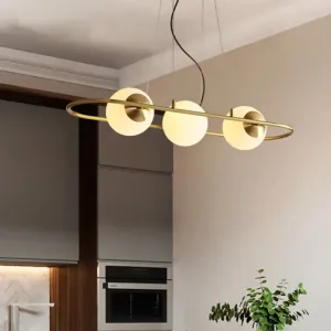 Modern Frosted Glass Sphere Chandelier with Brass Oval Ring - 3-Light Hanging Ceiling Lamp for Dining Room