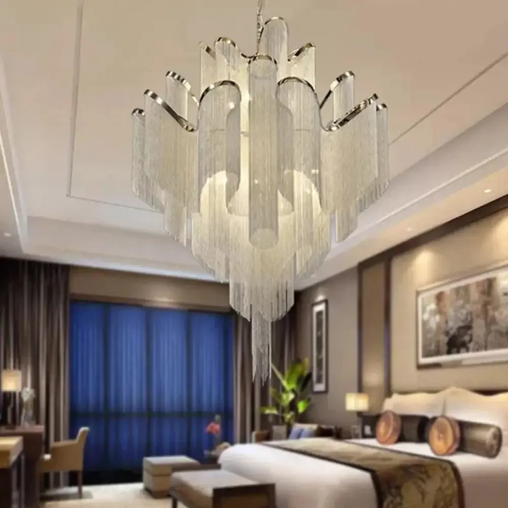 Modern LED Bedroom Chandelier: Silver Pendant Lamp with Tiered Tassel Aluminum Shade