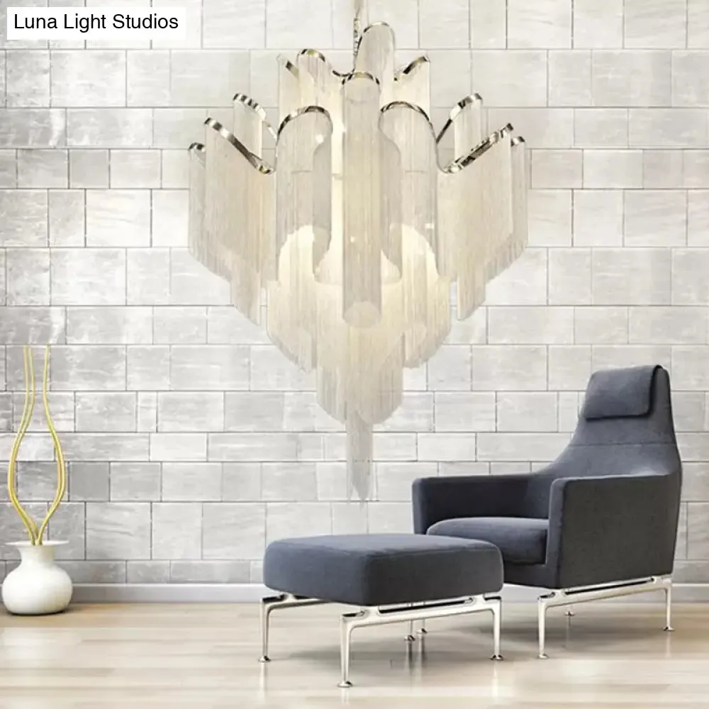 Modern LED Bedroom Chandelier: Silver Pendant Lamp with Tiered Tassel Aluminum Shade