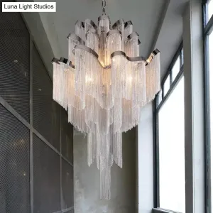 Modern LED Bedroom Chandelier: Silver Pendant Lamp with Tiered Tassel Aluminum Shade