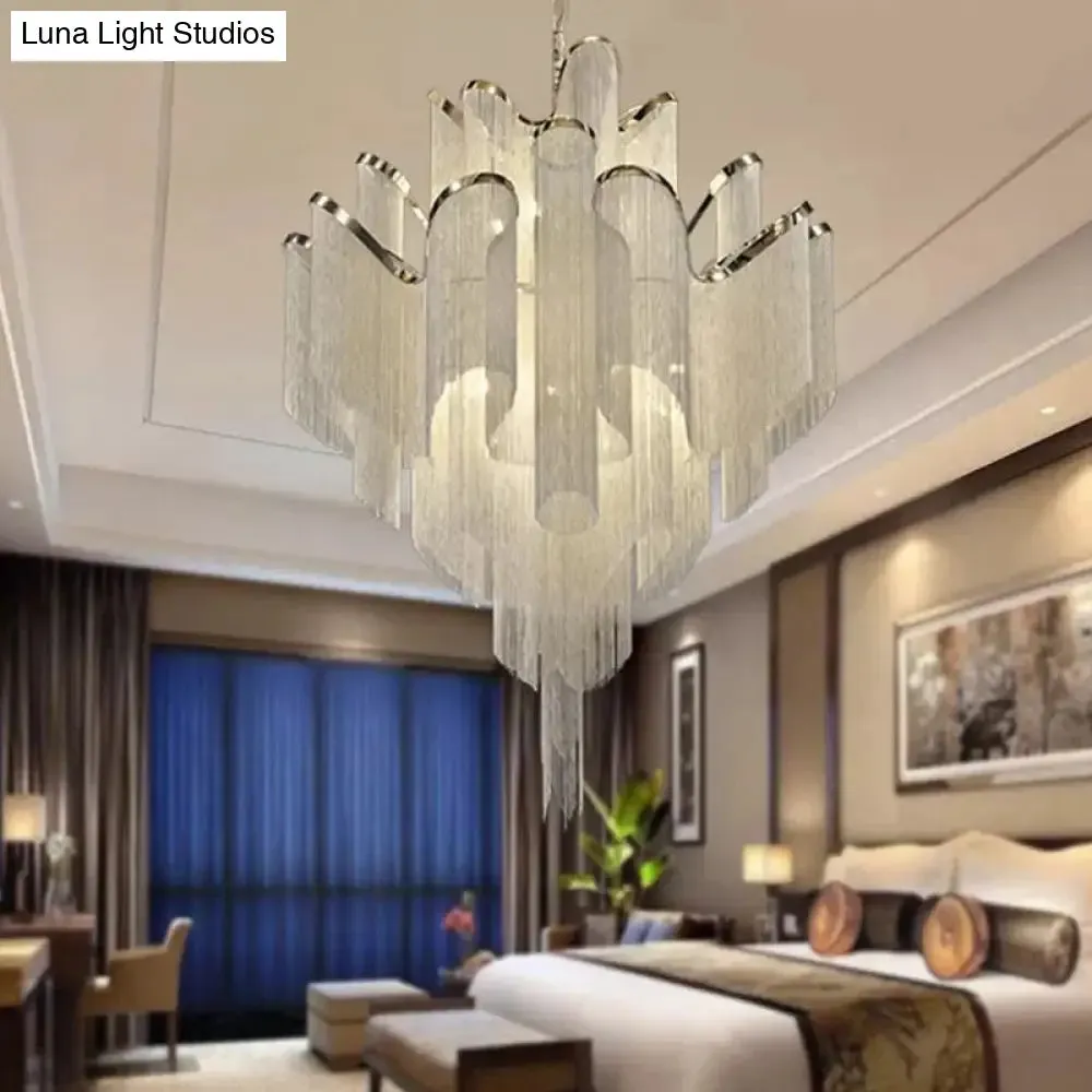Modern LED Bedroom Chandelier: Silver Pendant Lamp with Tiered Tassel Aluminum Shade