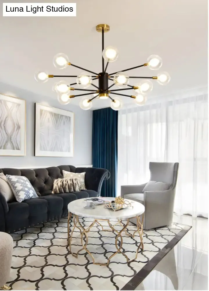 Modern Starburst Hanging Chandelier Light for Living Room - Clear Globe Glass Ceiling Pendant