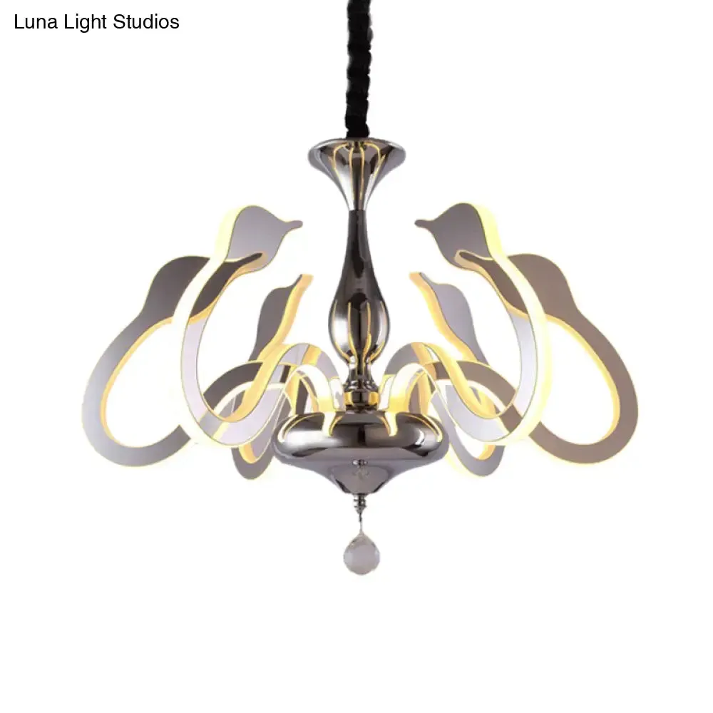 Modern Swan Head Acrylic Chandelier with Crystal Drop - 6 Bulbs, Chrome Finish, White/Warm/Natural Light
