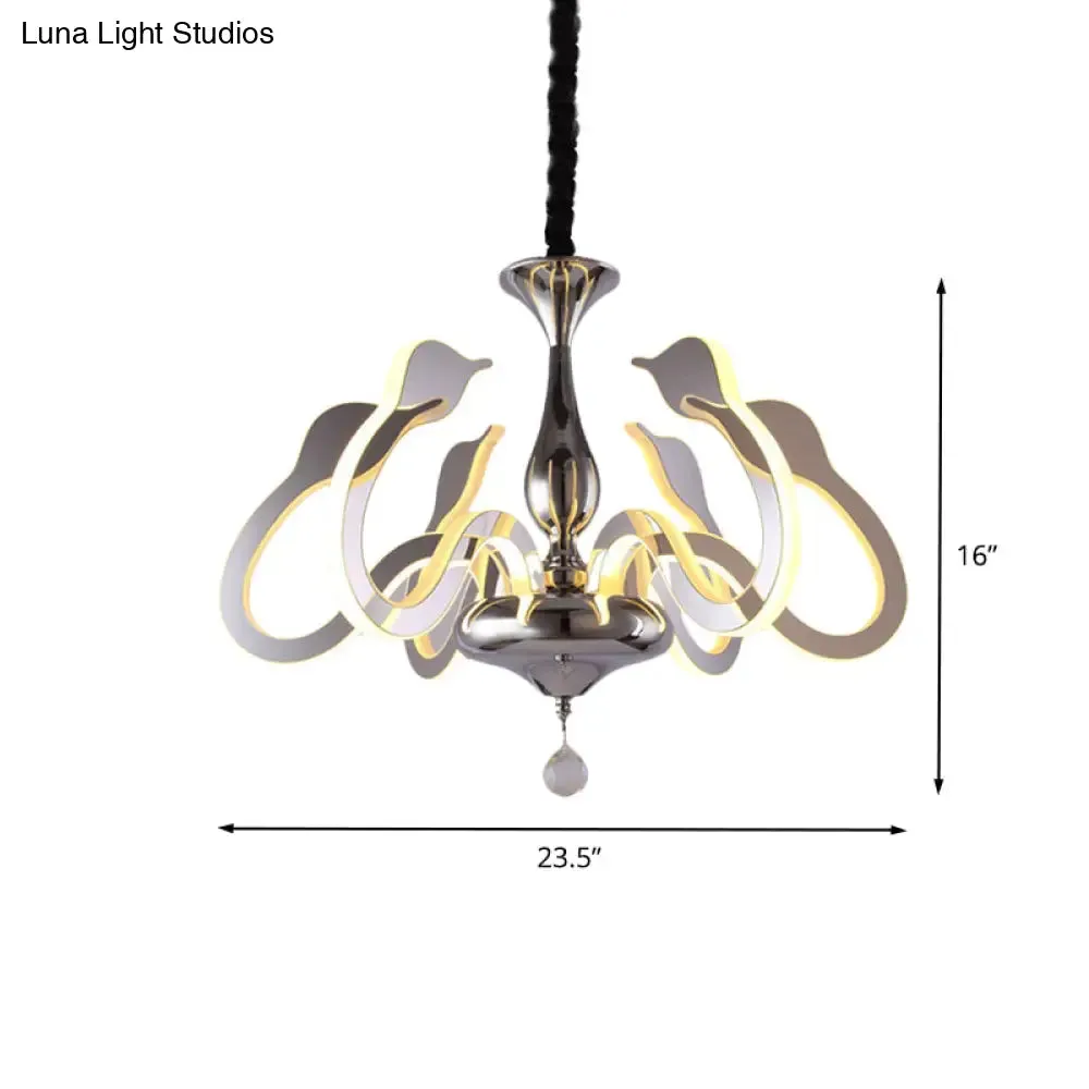 Modern Swan Head Acrylic Chandelier with Crystal Drop - 6 Bulbs, Chrome Finish, White/Warm/Natural Light