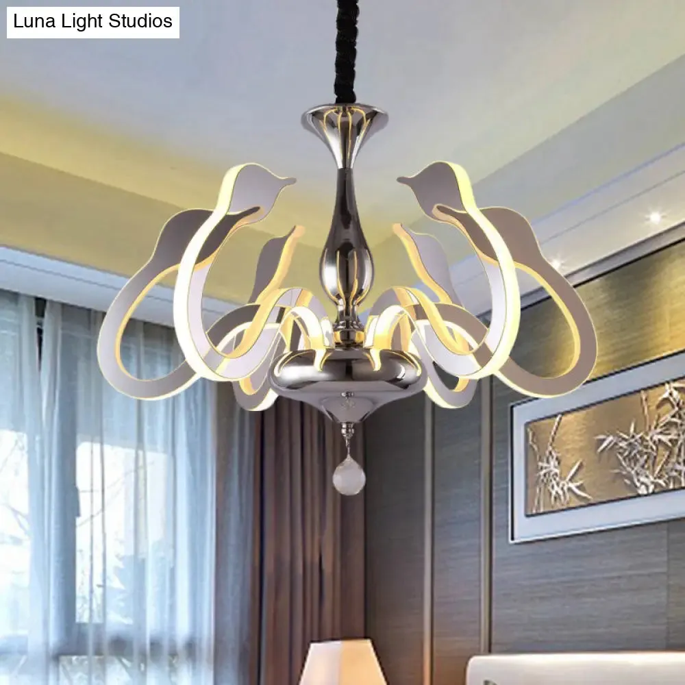 Modern Swan Head Acrylic Chandelier with Crystal Drop - 6 Bulbs, Chrome Finish, White/Warm/Natural Light