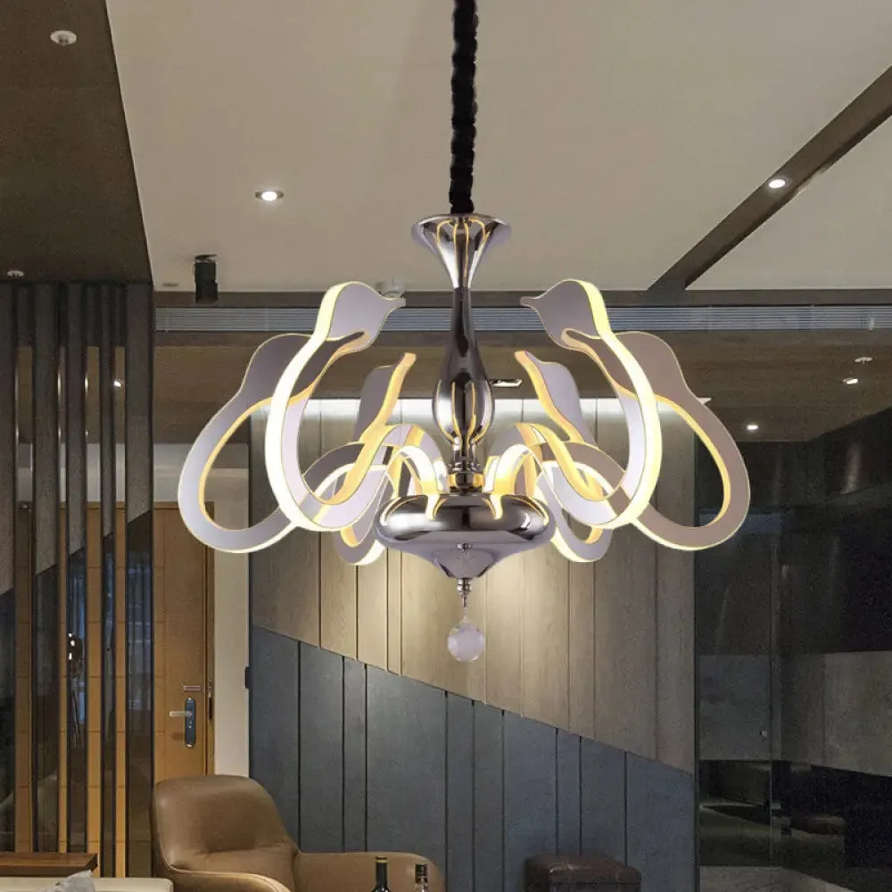 Modern Swan Head Acrylic Chandelier with Crystal Drop - 6 Bulbs, Chrome Finish, White/Warm/Natural Light