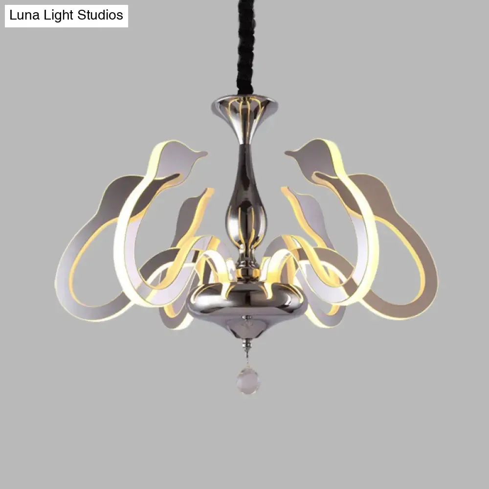 Modern Swan Head Acrylic Chandelier with Crystal Drop - 6 Bulbs, Chrome Finish, White/Warm/Natural Light