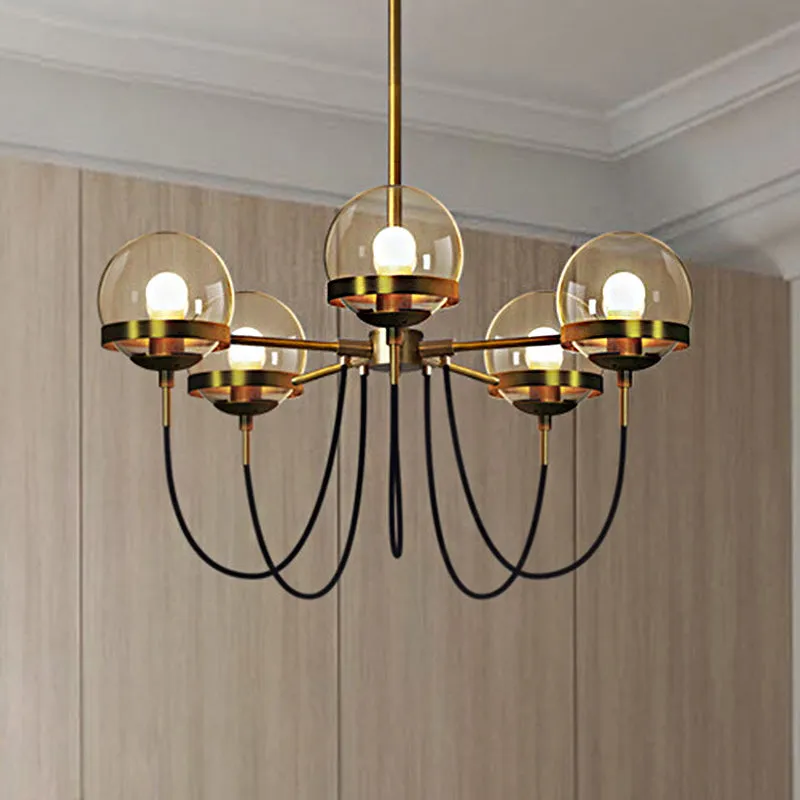 Modernist Multi-Light Pendant Chandelier: Global Clear Glass, Black/Gold, Inner Smoke Glass Ball Shade