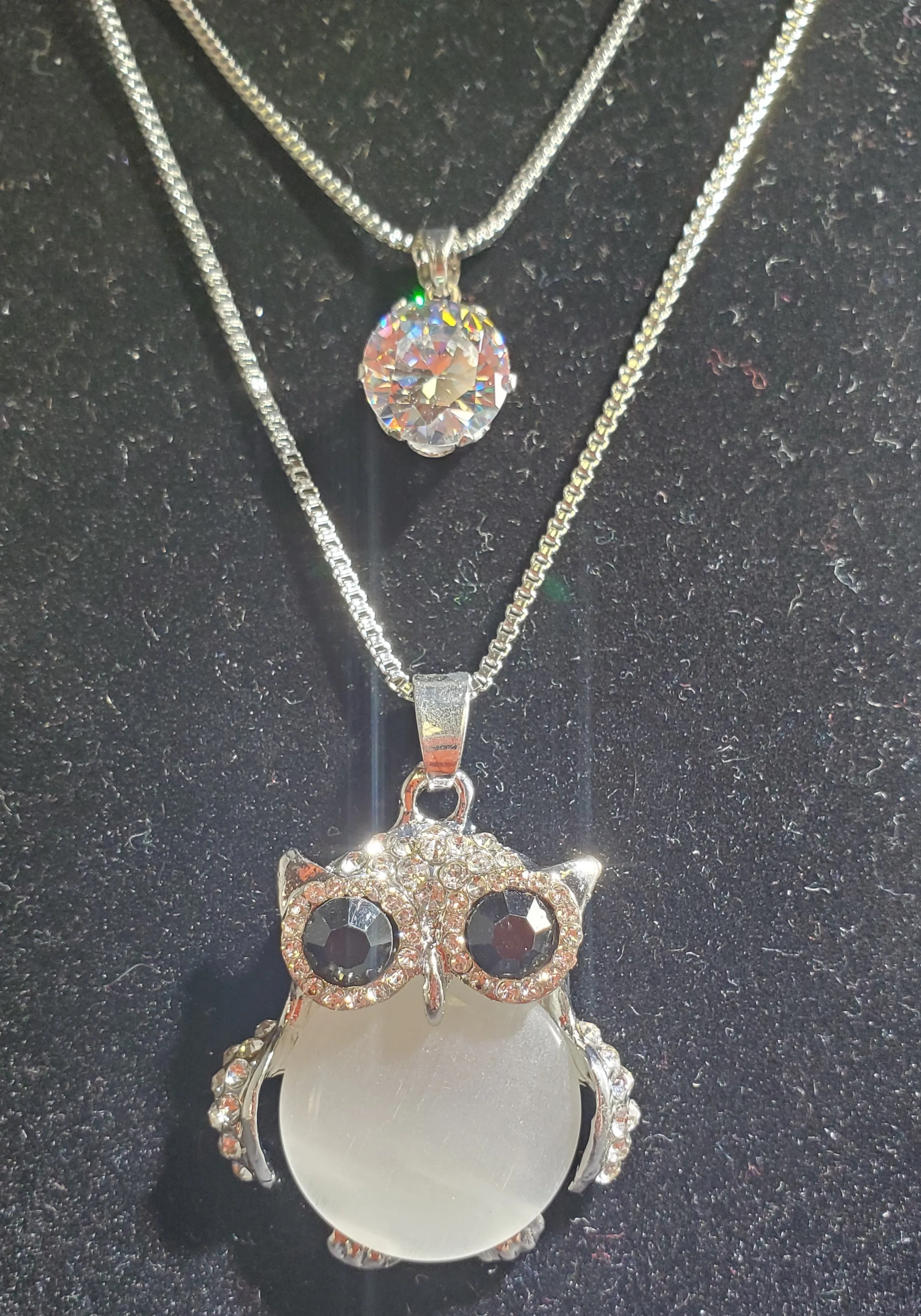 N2197 Silver Rhinestone Owl with Moonstone Belly Necklace with FREE Earrings