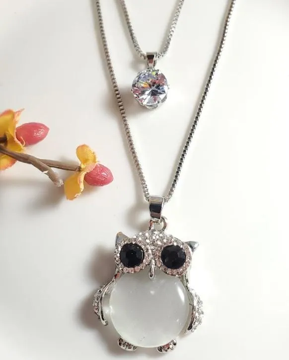 N2197 Silver Rhinestone Owl with Moonstone Belly Necklace with FREE Earrings