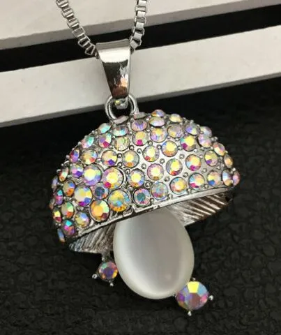 N2222 Silver Iridescent Rhinestones & Moonstone Mushroom Necklace with FREE Earrings