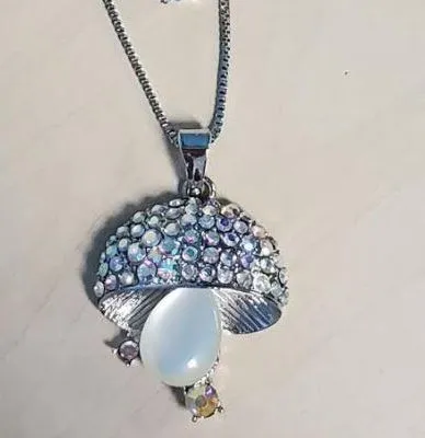 N2222 Silver Iridescent Rhinestones & Moonstone Mushroom Necklace with FREE Earrings