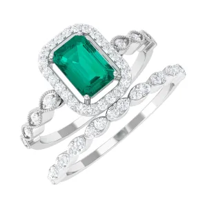 Octagon shape Emerald and Diamond Designer Ring Set