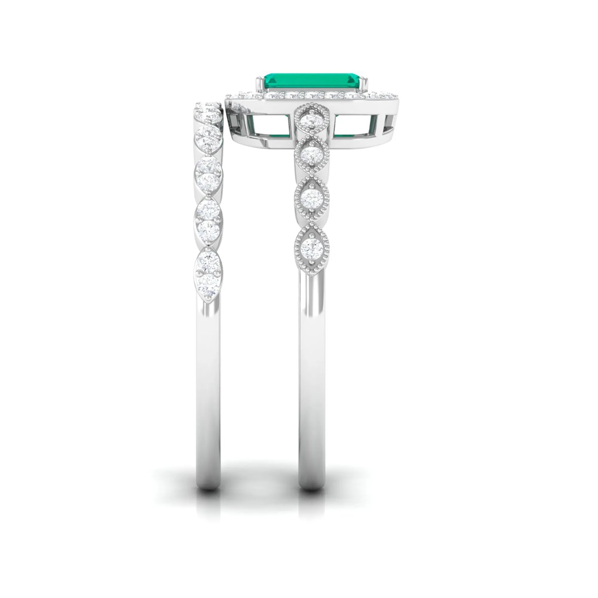 Octagon shape Emerald and Diamond Designer Ring Set