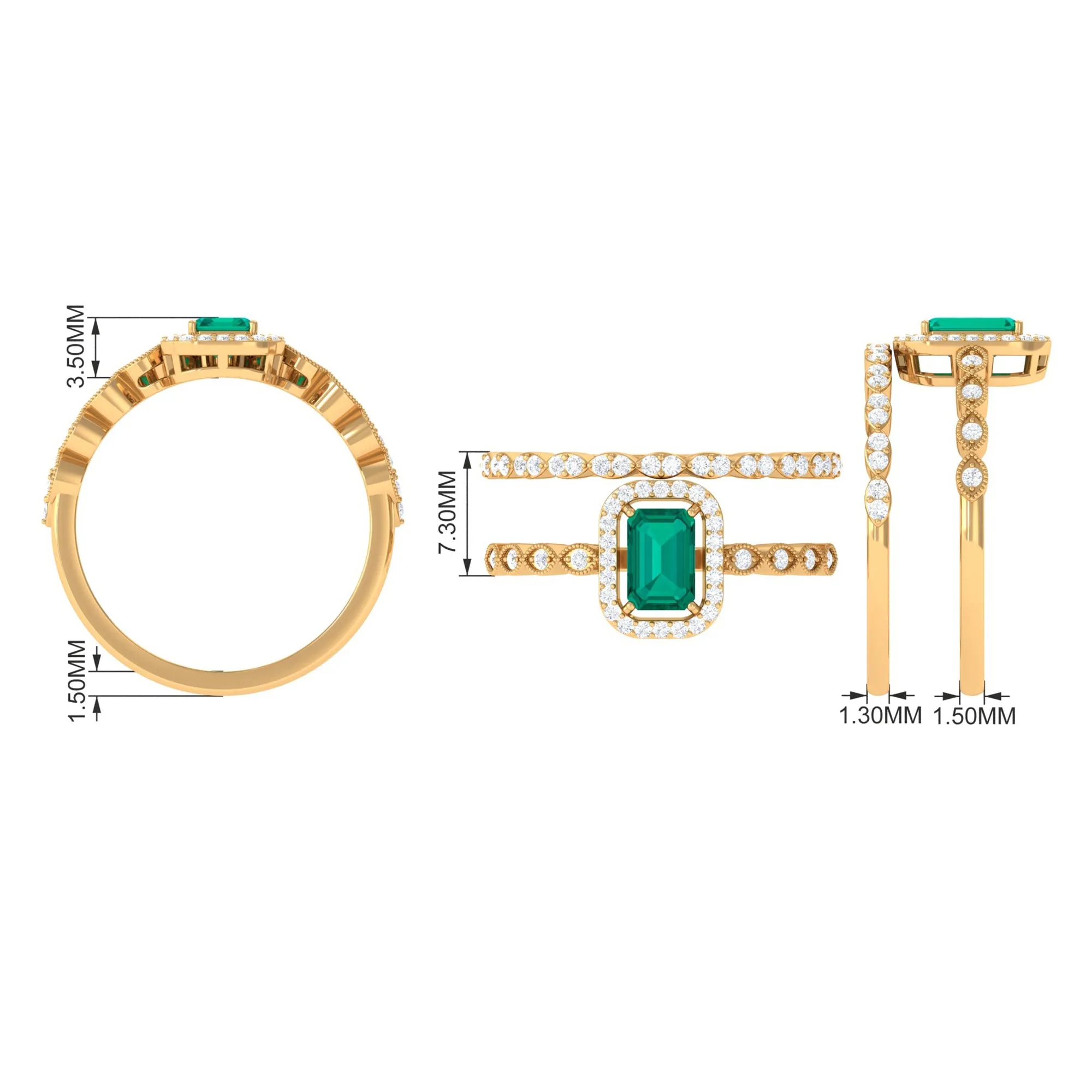 Octagon shape Emerald and Diamond Designer Ring Set