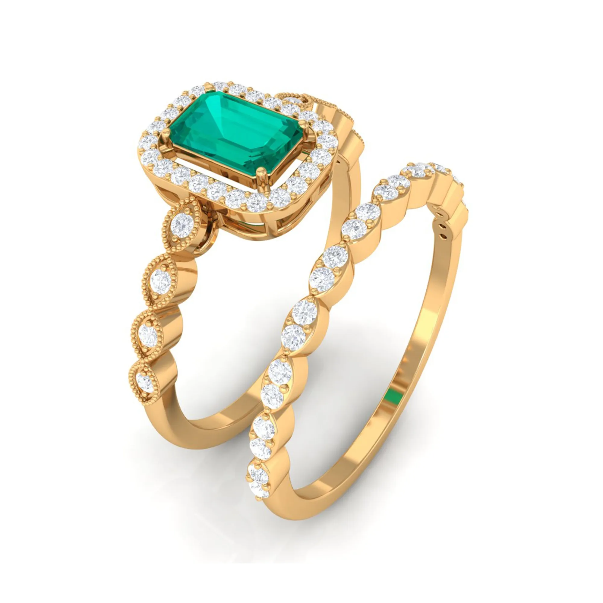 Octagon shape Emerald and Diamond Designer Ring Set