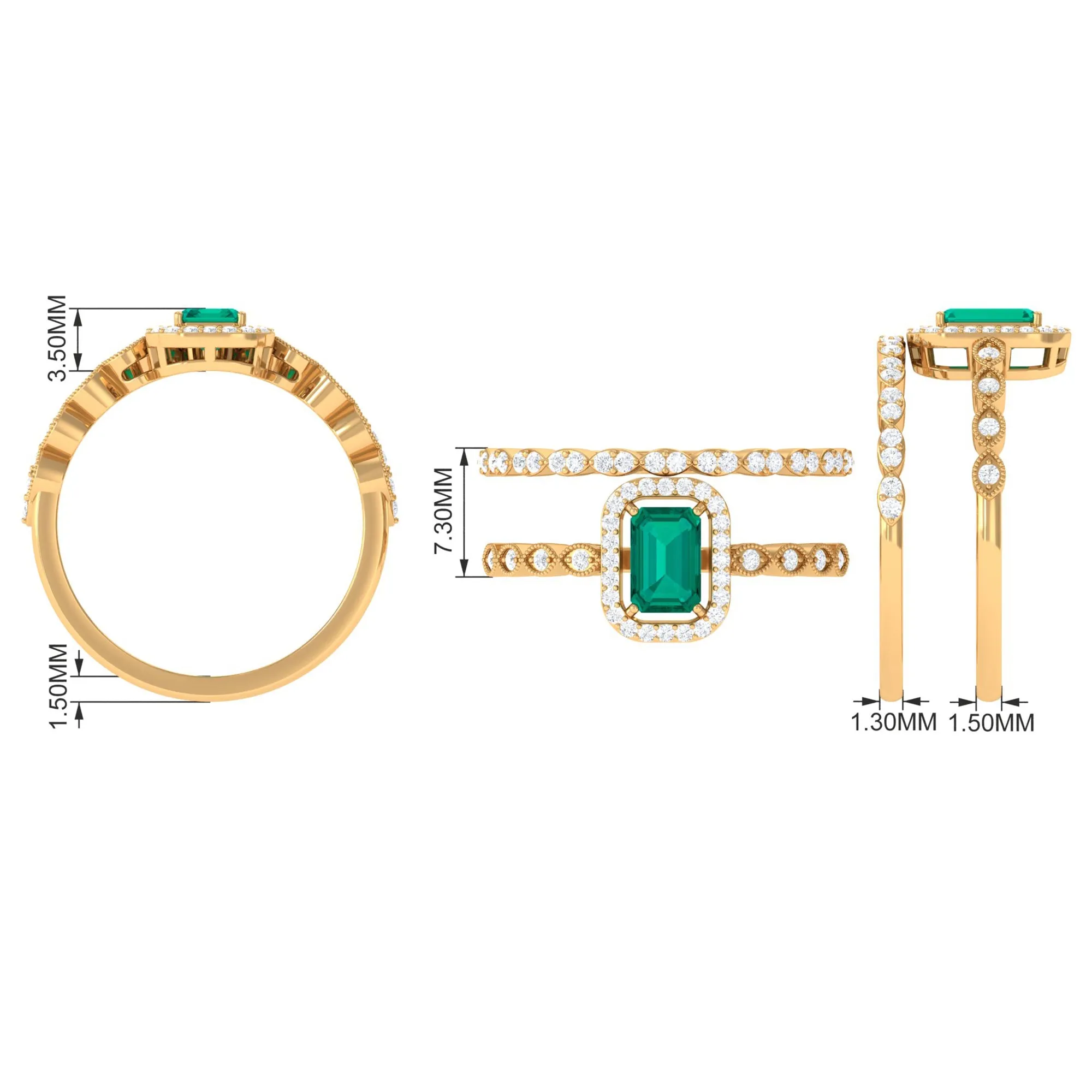 Octagon shape Emerald and Diamond Designer Ring Set