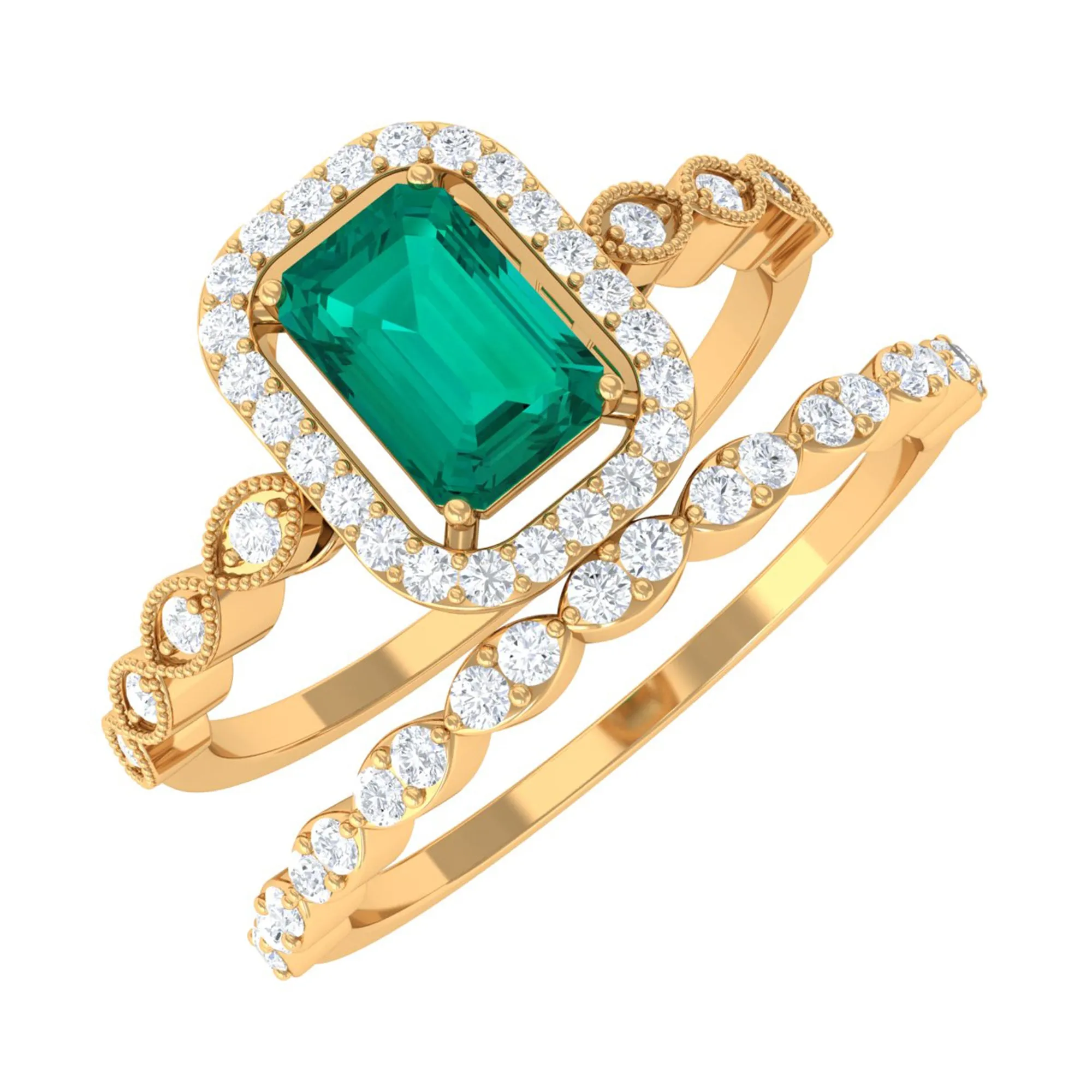 Octagon shape Emerald and Diamond Designer Ring Set