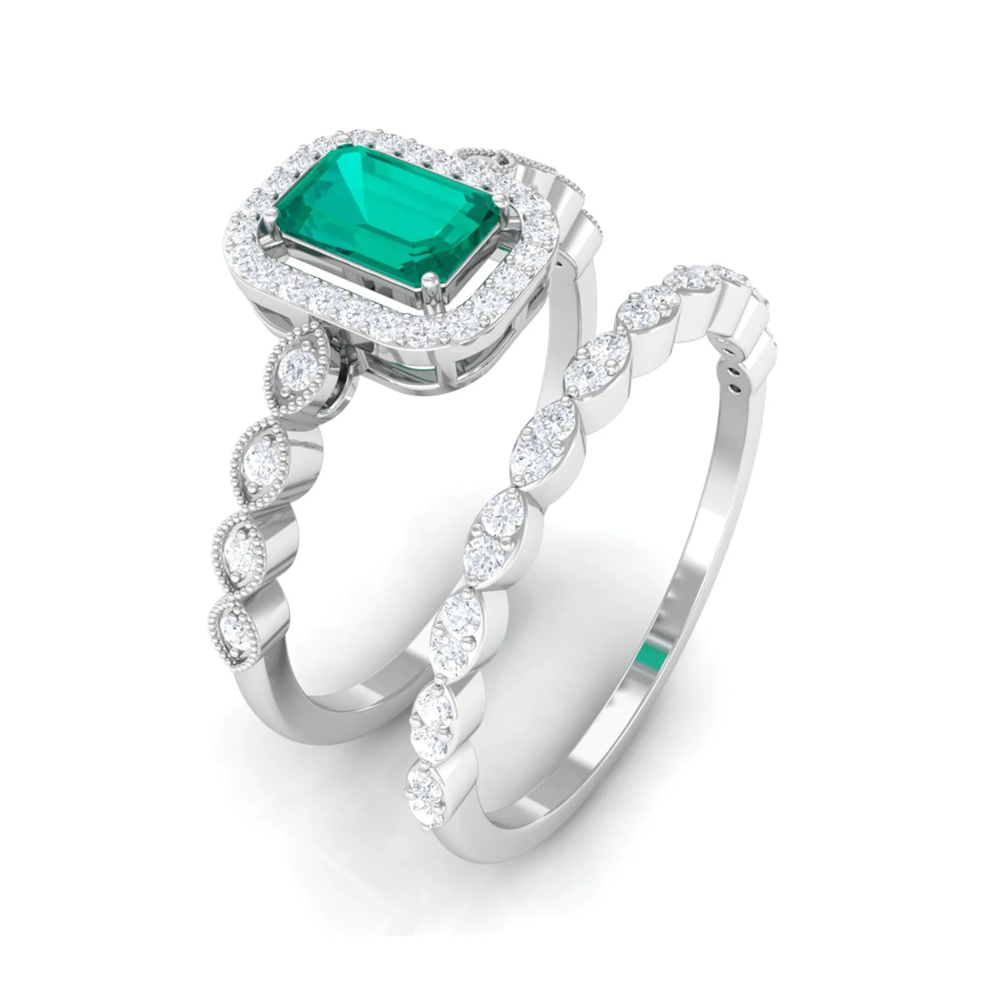 Octagon shape Emerald and Diamond Designer Ring Set