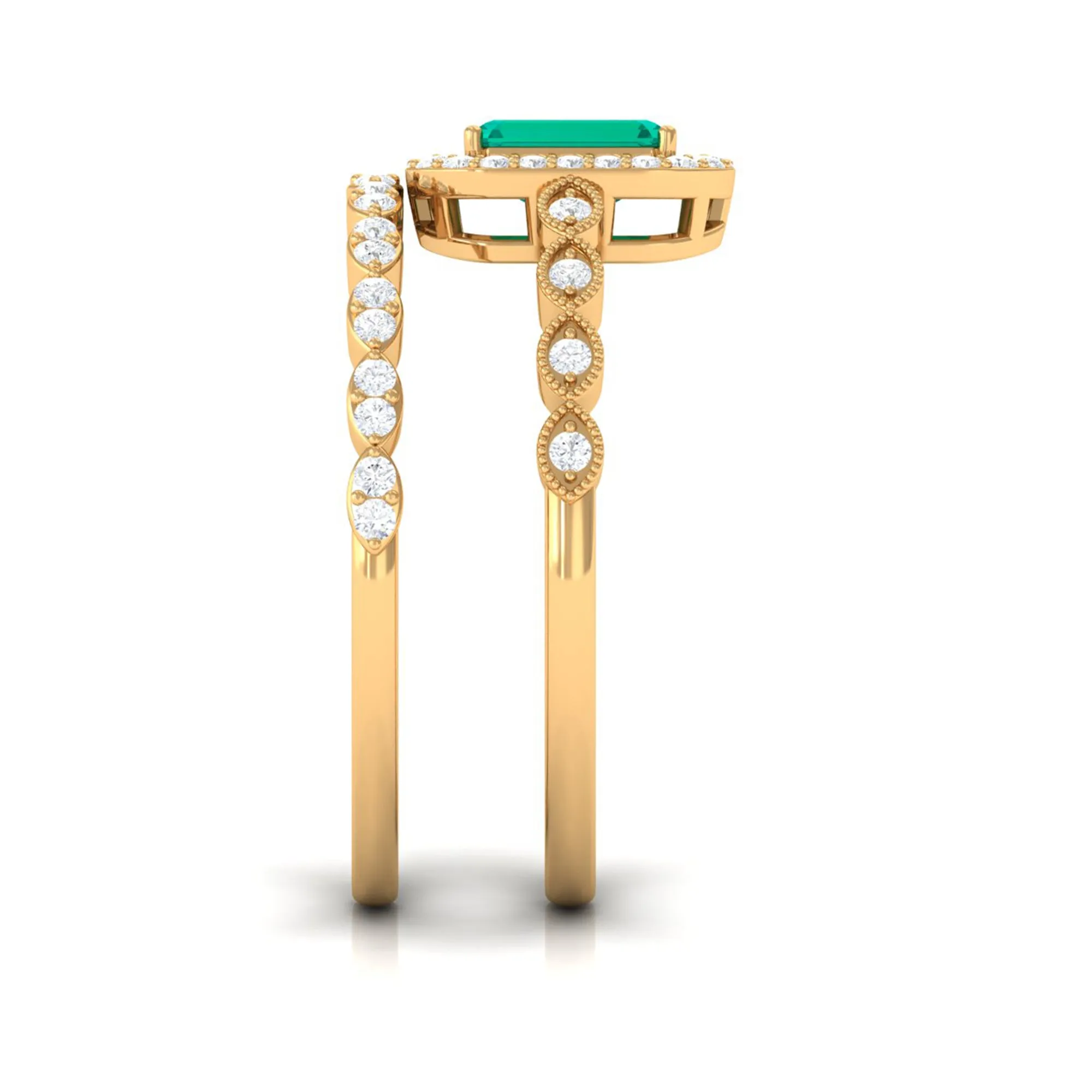 Octagon shape Emerald and Diamond Designer Ring Set