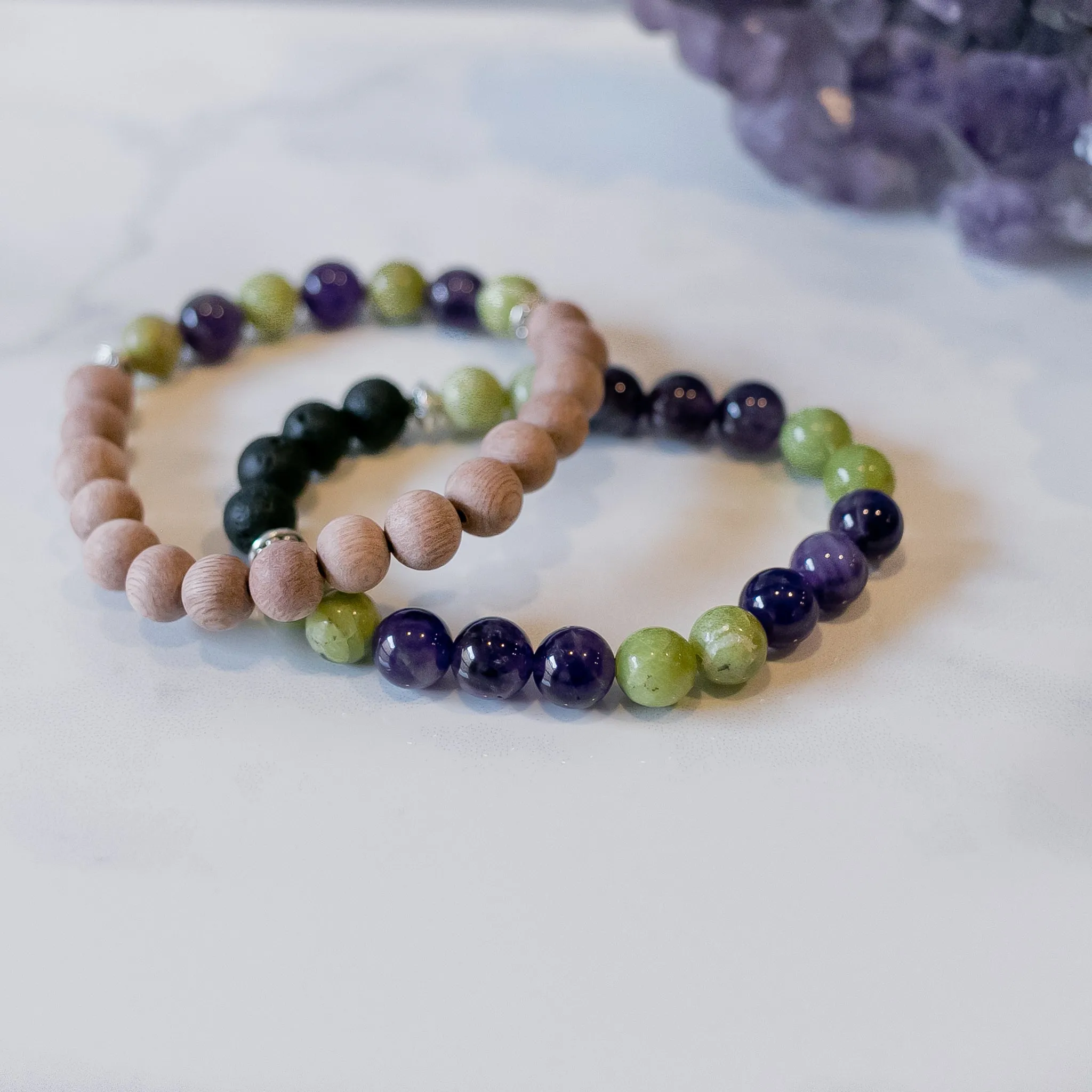 Peridot & Amethyst Rosewood Aromatherapy Essential Oil Diffuser Bracelet (8mm beads)