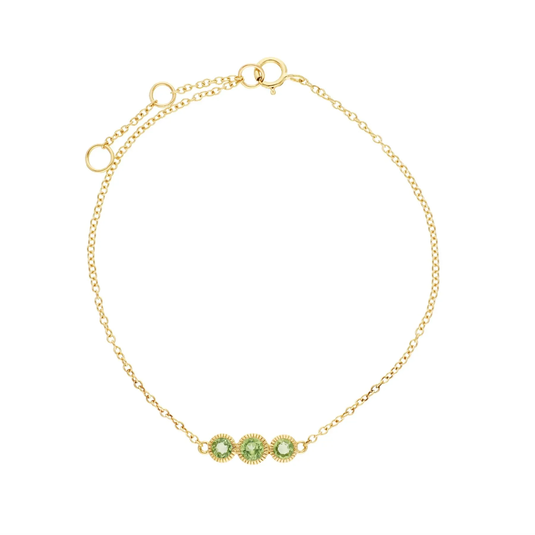 Peridot Bracelet, 9 Ct Péridot Or Jaune Triple Stone Round Milgrain 19cm Bracelet