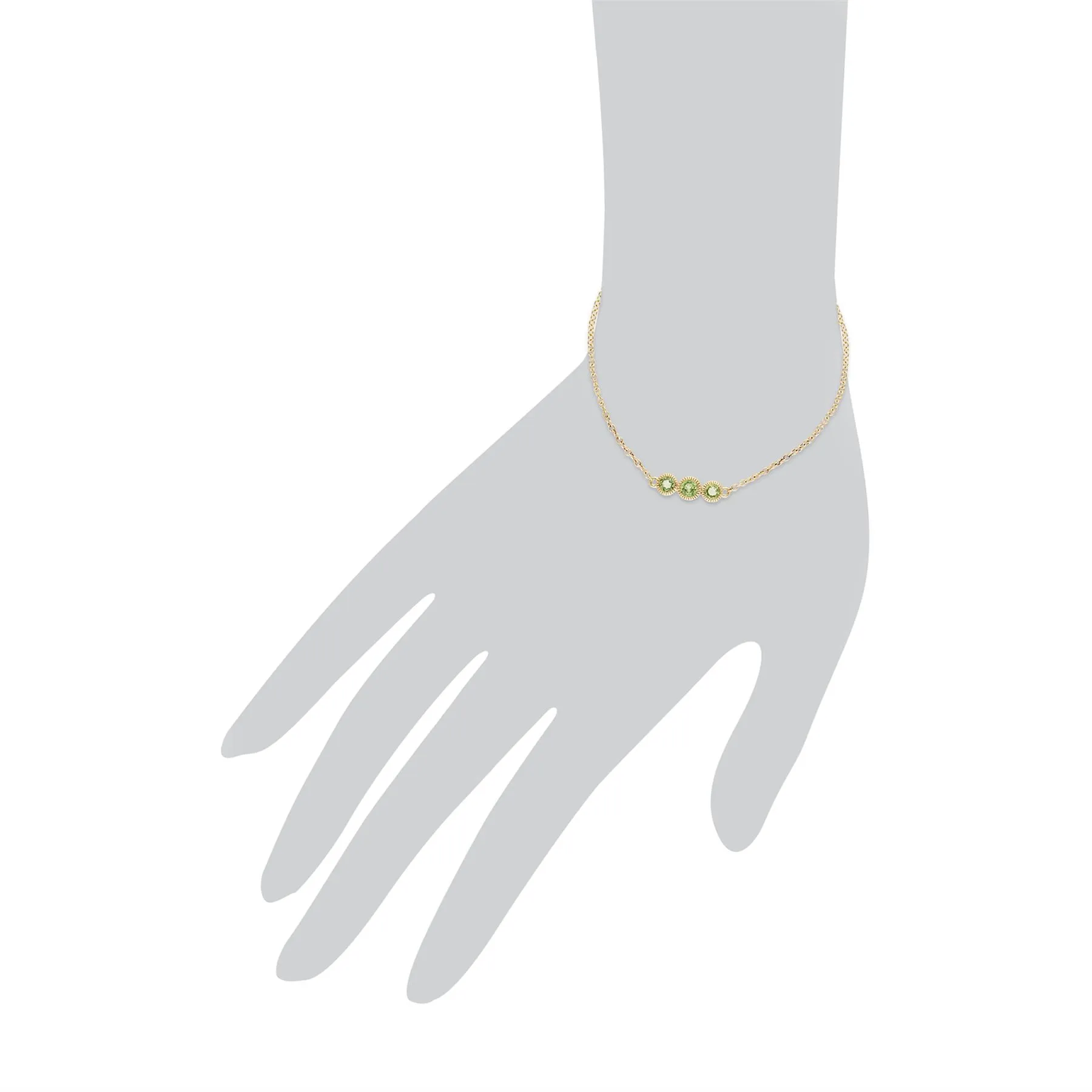 Peridot Bracelet, 9 Ct Péridot Or Jaune Triple Stone Round Milgrain 19cm Bracelet