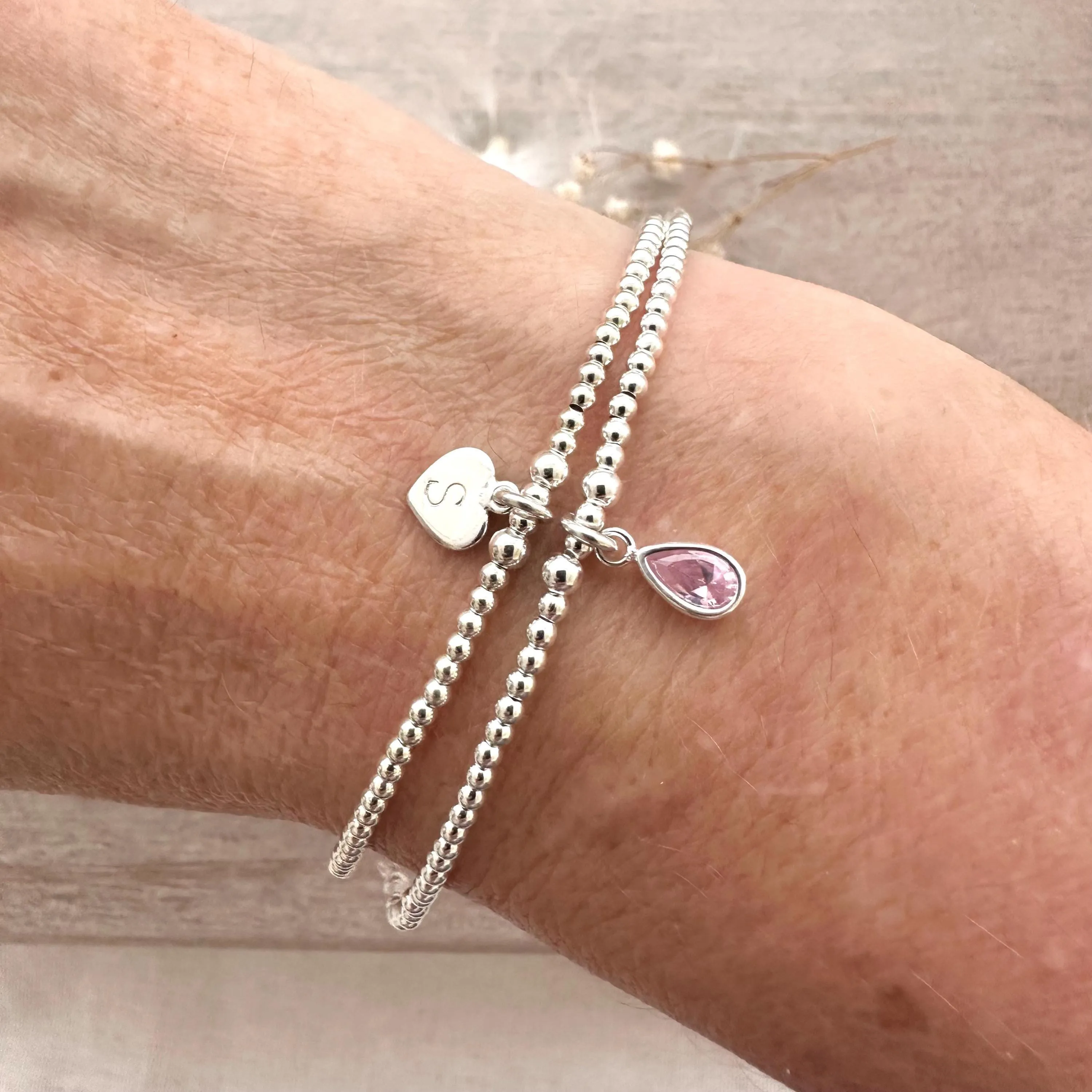 Personalised Initial and Birthstone Bracelet Set in Sterling Silver, Stacking Bracelets with Cubic zirconia birthstone