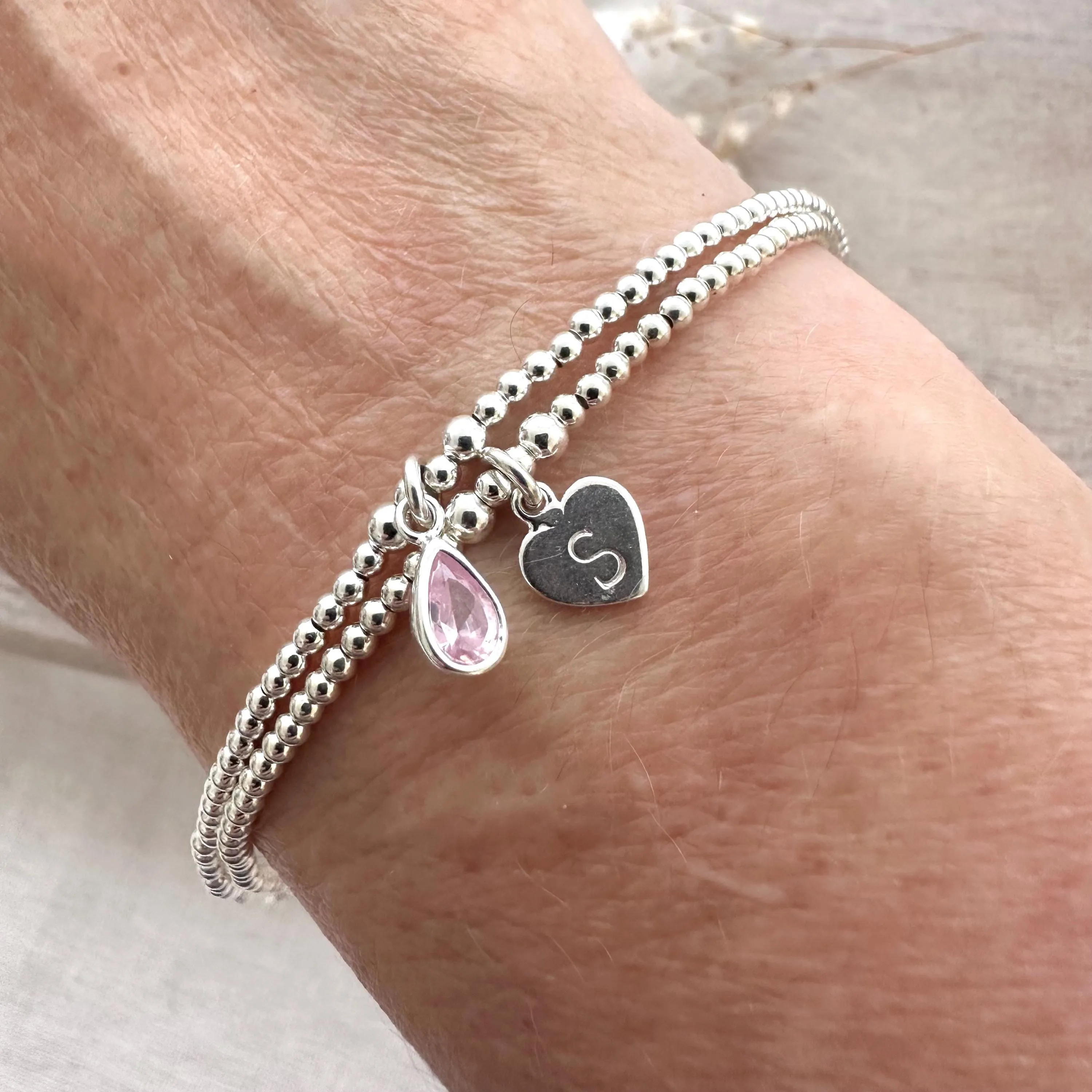 Personalised Initial and Birthstone Bracelet Set in Sterling Silver, Stacking Bracelets with Cubic zirconia birthstone