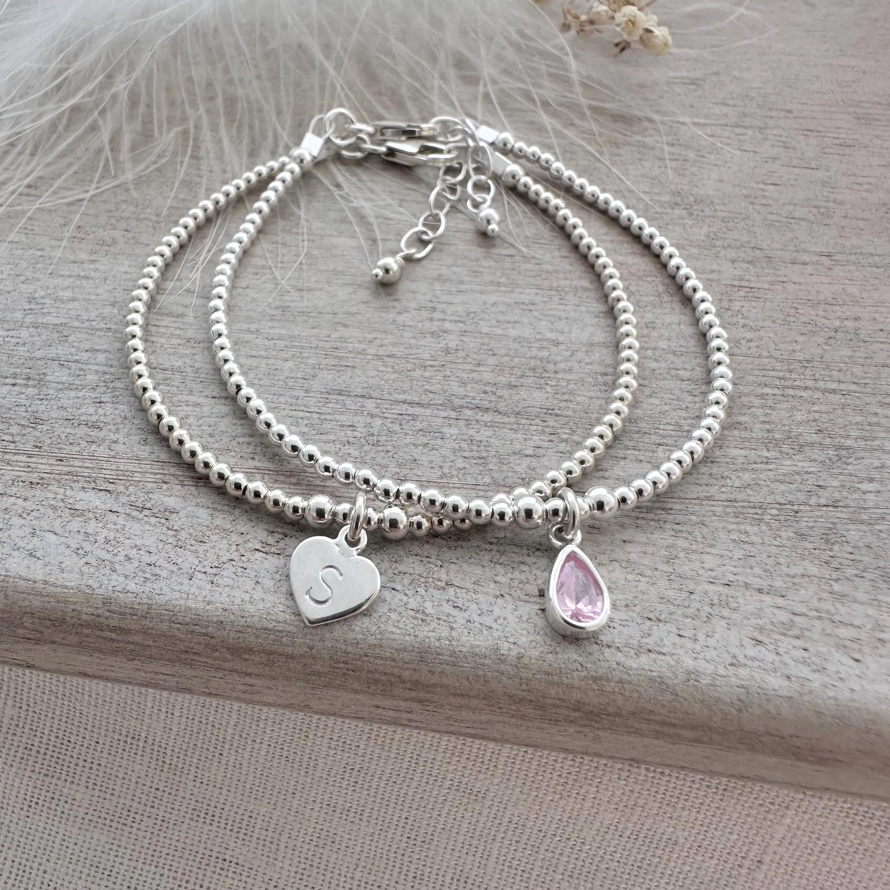 Personalised Initial and Birthstone Bracelet Set in Sterling Silver, Stacking Bracelets with Cubic zirconia birthstone